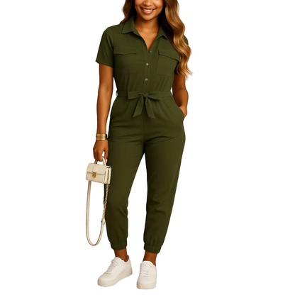 Women’s Structured Button-Front Jumpsuit – Tailored Elegant One-Piece Outfit