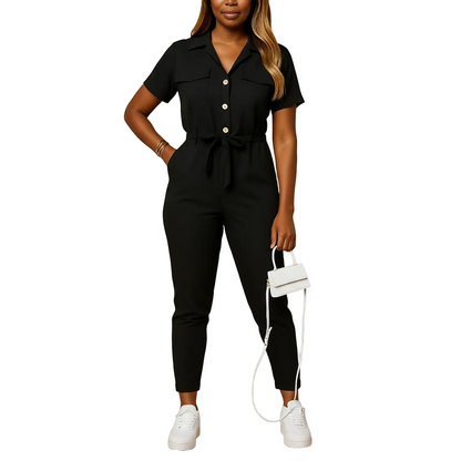 Women’s Structured Button-Front Jumpsuit – Tailored Elegant One-Piece Outfit